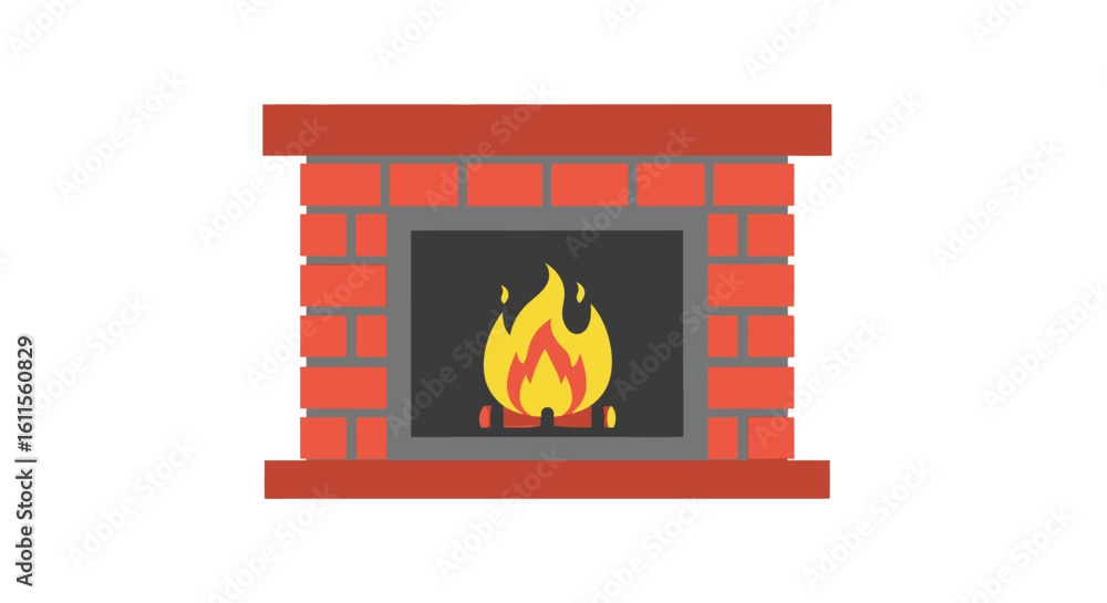 Fototapeta premium Classic red brick fireplace with a warm, burning fire, flat vector illustration.