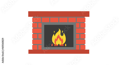 Classic red brick fireplace with a warm, burning fire, flat vector illustration.