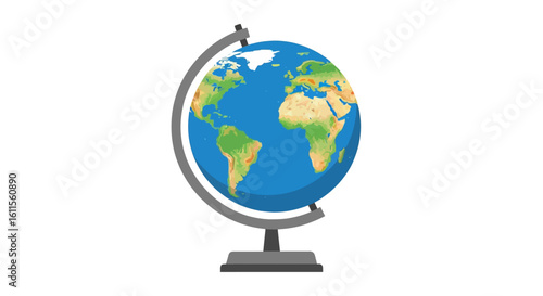 Colorful world globe illustration on a simple grey stand, showing continents and oceans.