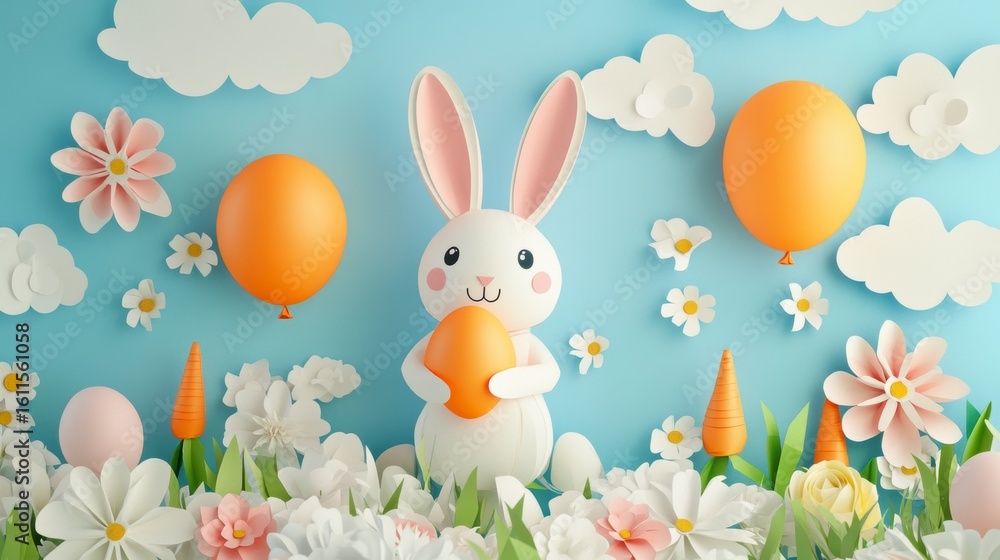 Obraz premium Cute Easter bunny holding an egg surrounded by flowers, balloons, and carrots on a blue background.