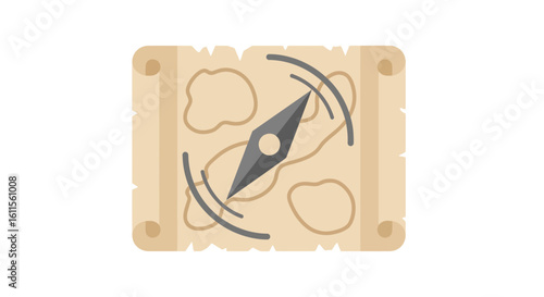 Flat design illustration of a vintage treasure map scroll with a navigational compass.