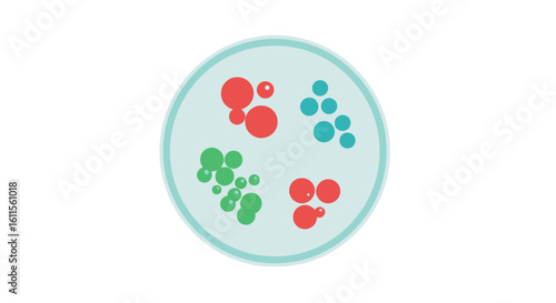 Flat vector illustration of a petri dish with red, green, and teal bacterial colonies.
