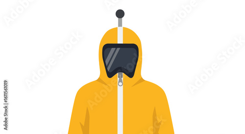 Frontal view of a character in a yellow protective hazmat suit with a large visor and antenna.