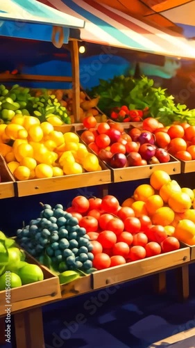 Colorful fruits in wooden crates