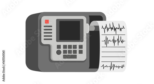 Gray medical monitor with a screen and keypad, printing a cardiogram with heartbeats.