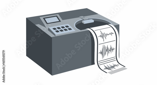 Gray seismograph machine with a screen and keypad, printing a paper seismogram showing seismic waves.