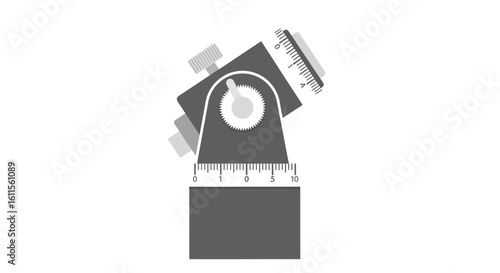 Grayscale technical illustration of an adjustable angle measurement tool with scales, a central gear, and a knurled knob.