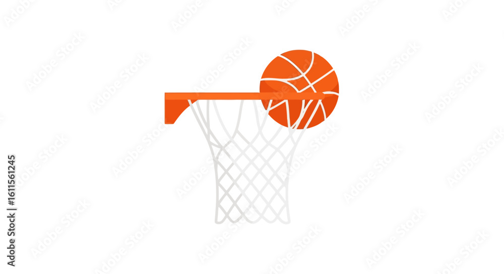 Minimalist orange basketball swishing through a white net and hoop, flat vector icon. Minimalist orange basketball swishing through a white net and hoop, flat vector icon.