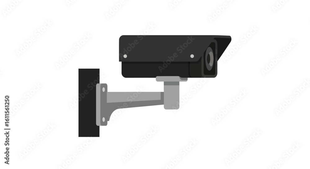 Modern black bullet-style CCTV surveillance camera on a grey wall mount bracket. Modern black bullet-style CCTV surveillance camera on a grey wall mount bracket.