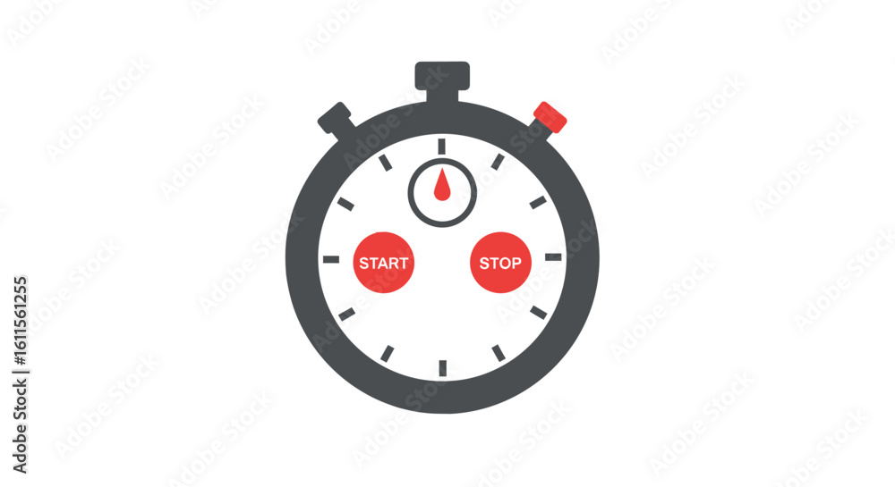 Minimalist stopwatch icon with red start and stop buttons and a dark grey case. Minimalist stopwatch icon with red start and stop buttons and a dark grey case.