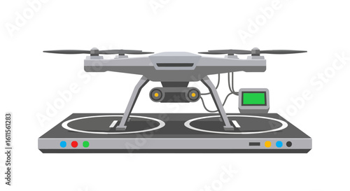 Modern grey quadcopter drone with a dual camera resting on a futuristic charging and landing platform.