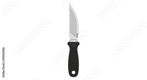 Sharp paring knife with a black ergonomic handle and a curved steel blade, flat vector icon.