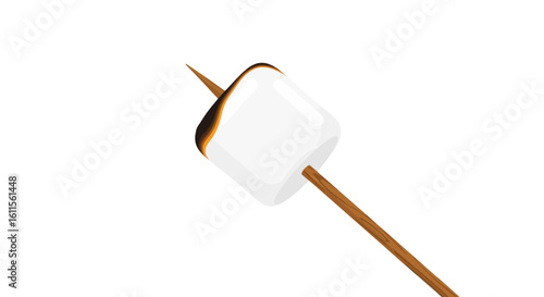 Single white marshmallow, toasted golden brown and charred, on a wooden skewer.
