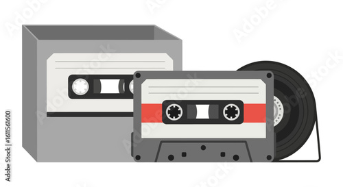 Vintage audio cassette tapes in a flat graphic style, one with unspooled magnetic tape and another in a grey case.