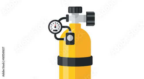 Yellow scuba diving tank with a black regulator, valve, and pressure gauge.