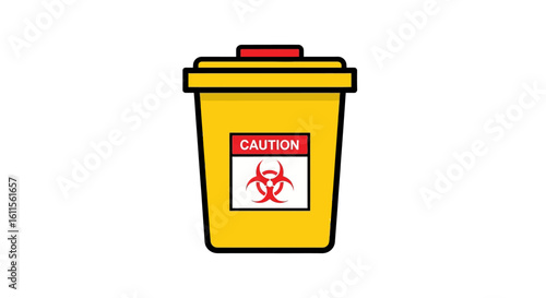 Yellow biohazard waste container with a red lid and caution label. Flat vector icon for hazardous material disposal and medical waste.