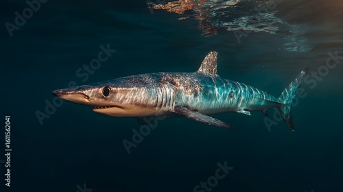 Wallpaper Mural A sleek blue shark swims in deep ocean water. Torontodigital.ca