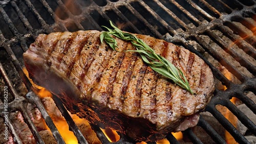 A juicy, perfectly grilled steak with visible grill marks, slightly charred edges, and sizzling fat. Thin wisps of smoke rising from the hot grill beneath, glowing embers under the metal grates. 
