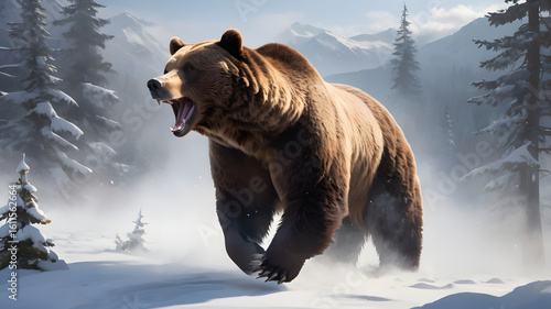 Grizzly bear roaring, charging through snowy mountain wilderness.