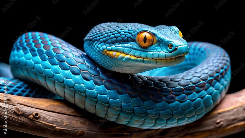 Fototapeta premium A vibrant blue viper snake coils on a wooden branch