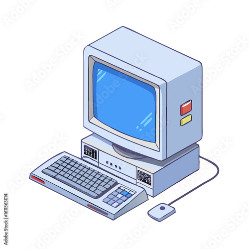 Retro Desktop Computer Cartoon – Old School Monitor, Vintage Keyboard and Mouse, Classic PC Setup Illustration, 90s Technology Clipart Design

