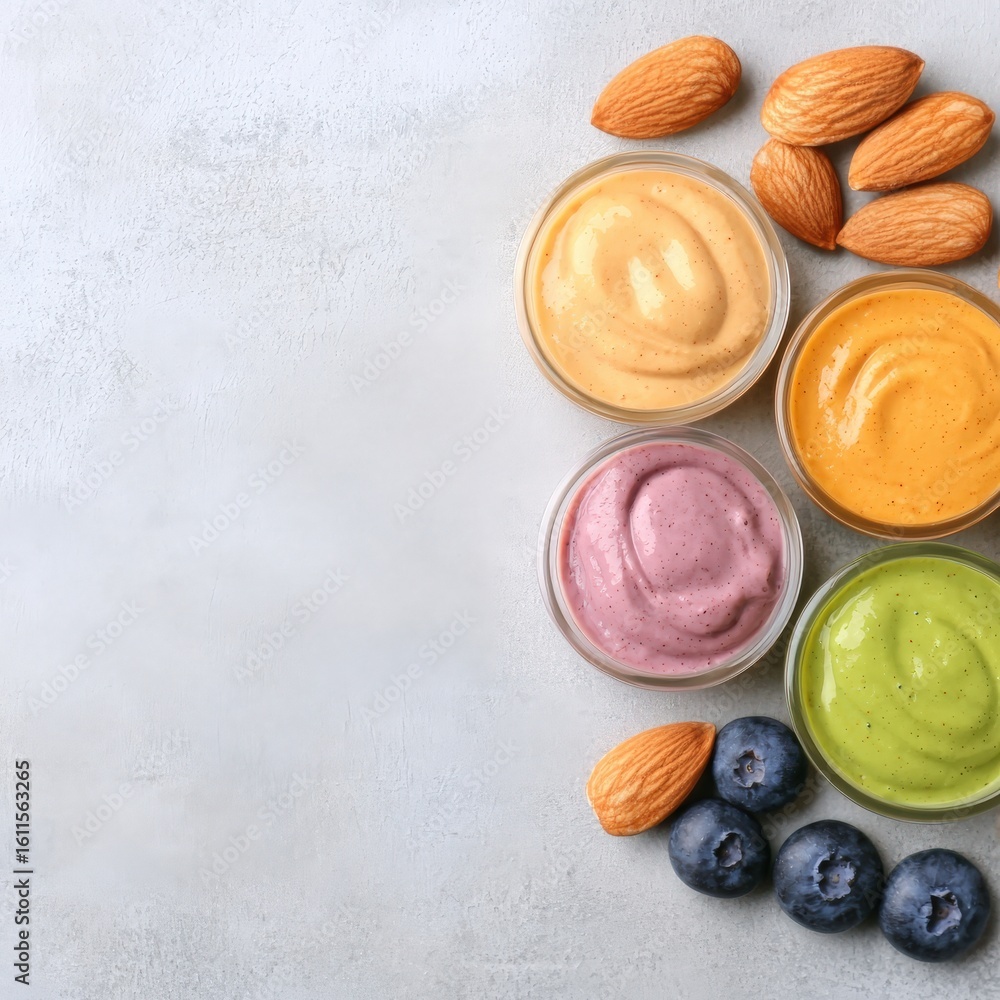 Four small bowls of creamy sauces in beige, orange, purple, and green with almonds and blueberries on a light gray textured surface. Four small bowls of creamy sauces in beige, orange, purple, and green with almonds and blueberries on a light gray textured surface.