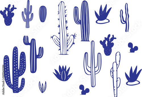 a set of cactus plants in blue and white