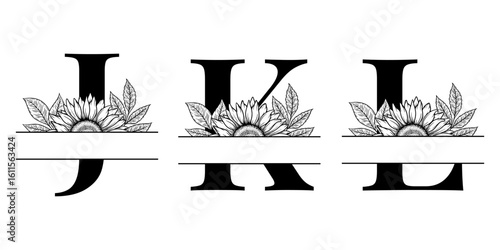 Sunflower split monogram design, alphabet letters J, K, L decorated with floral illustration. Perfect for personalized gifts, farmhouse decor, wedding initials, cut file, family sign, and DIY crafts.