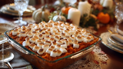 Sweet potato casserole melted marshmallows on top served on a festive Thanksgiving table