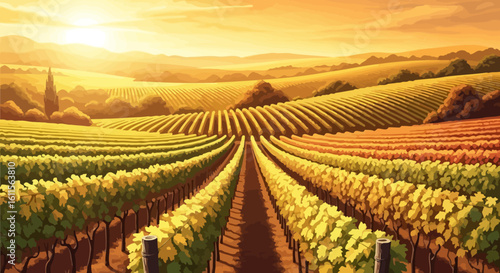 Golden hour sunlight bathes rolling vineyard hills, showcasing rows of grapevines at harvest.