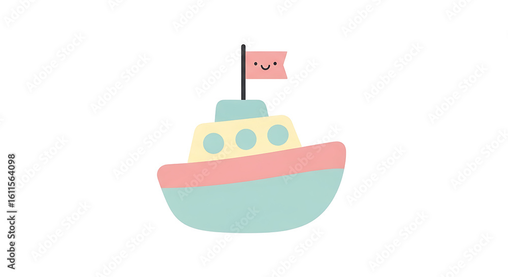 Fototapeta premium Cute Cartoon Boat with Smiling Flag on Transparent Background for Children's Illustration
