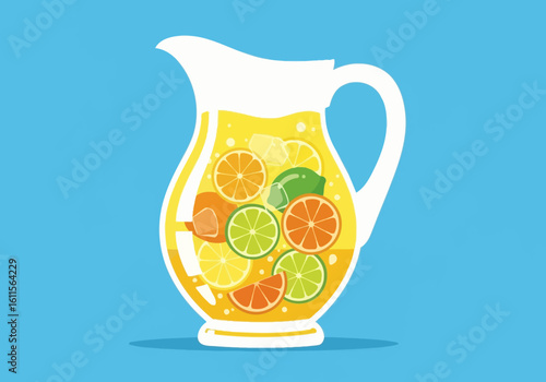 Colorful fruit-filled pitcher of refreshing summer drink.