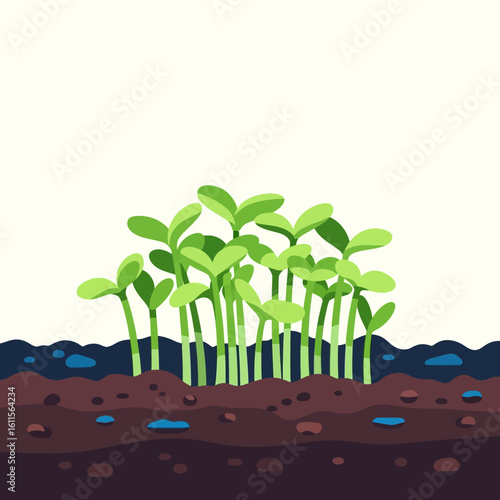 Vibrant green seedlings sprout from rich dark soil, representing new growth and life.