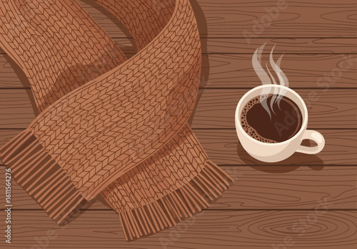 Cozy autumn scene: warm coffee and knitted scarf on wooden table.
