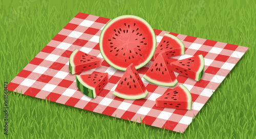 Sliced watermelon on a checkered picnic blanket on green grass.