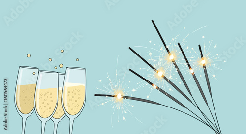 Champagne flutes and sparklers, a festive celebration illustration.