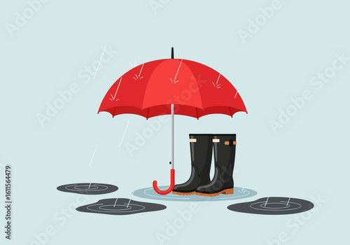 Rainy day scene with red umbrella and rain boots on a puddle.