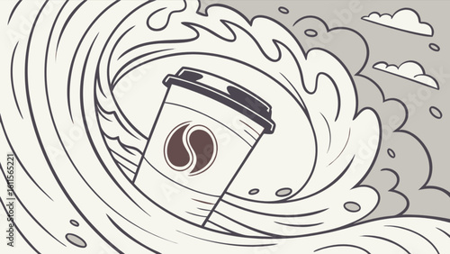 Coffee cup with coffee bean logo caught in a large wave with clouds in the background illustration