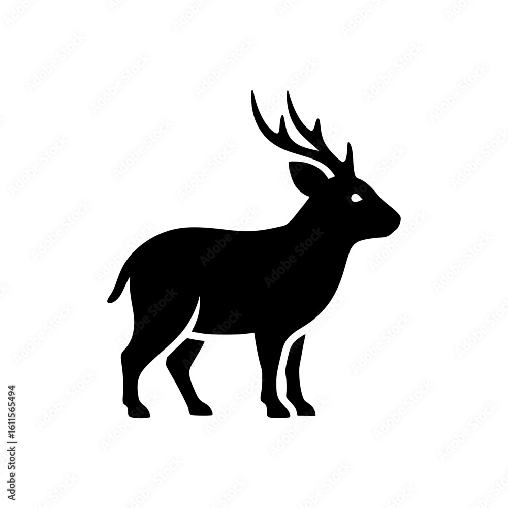 A minimalist black silhouette icon of a standing male deer with prominent antlers, viewed from the side.