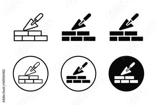 Set of bricklaying icons with trowel and brick wall