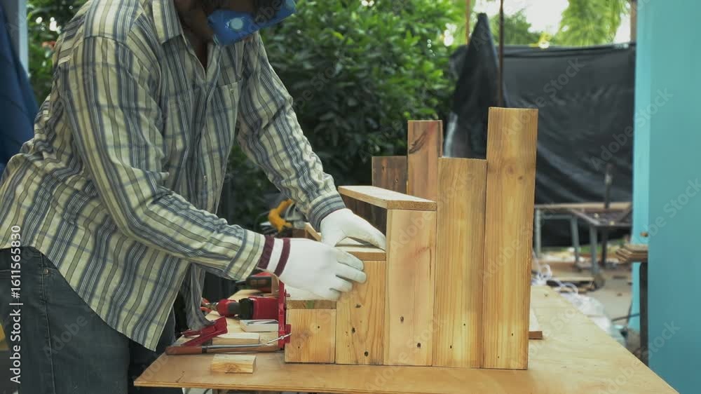 Worker in striped shirt and gloves aligning wooden planks into step-shaped structure during carpentry
Worker in striped shirt and gloves aligning wooden planks into step-shaped structure during carpentry