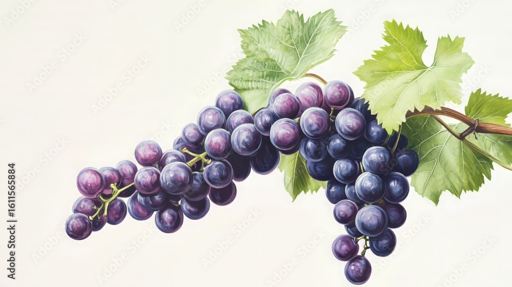Fototapeta premium Realistic illustration of purple grapes on vine with leaves 