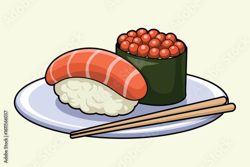 Delicious salmon nigiri and ikura gunkan maki sushi on a plate with chopsticks