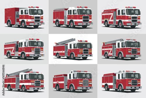 Collection of nine red and white fire trucks in various poses