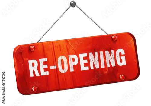Red reopening sign hanging by string isolated on transparent background