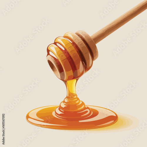 Golden honey dripping from a wooden dipper onto a light background