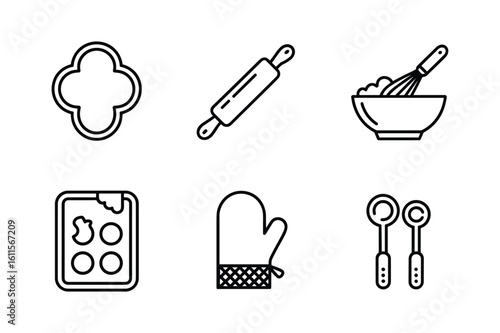 Baking tools and ingredients line art cooking kitchen