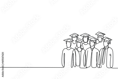 Minimalist line art drawing of a diverse group of graduates in caps and gowns