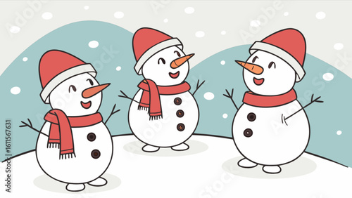 Three snowmen wearing red hats and scarves stand in a snowy landscape with falling snow happily