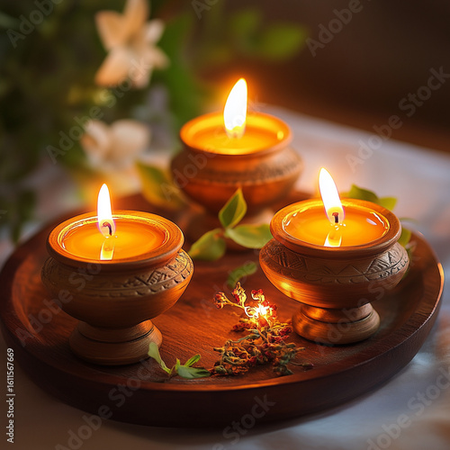 A glowing composition of warm oil lamps with ayurvedic herbs.
